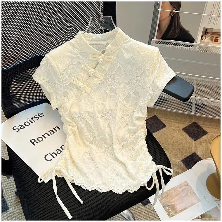 Chinese Style Qipao Lace Blouse, Vintage Mandarin Collar Slim Fit Summer Top with Vintage Chinese Knot Buttons T-shirt