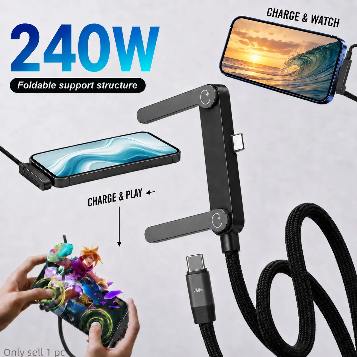 240W 2-in-1 Fast Charging Cable with Invisible Phone Stand, Foldable Type-C Charger Cord, USB C High Power Fast Charging Data Cable, Compatible with iPhone Samsung Phones, Portable Design for Gaming, Office Work & Travel Convenience