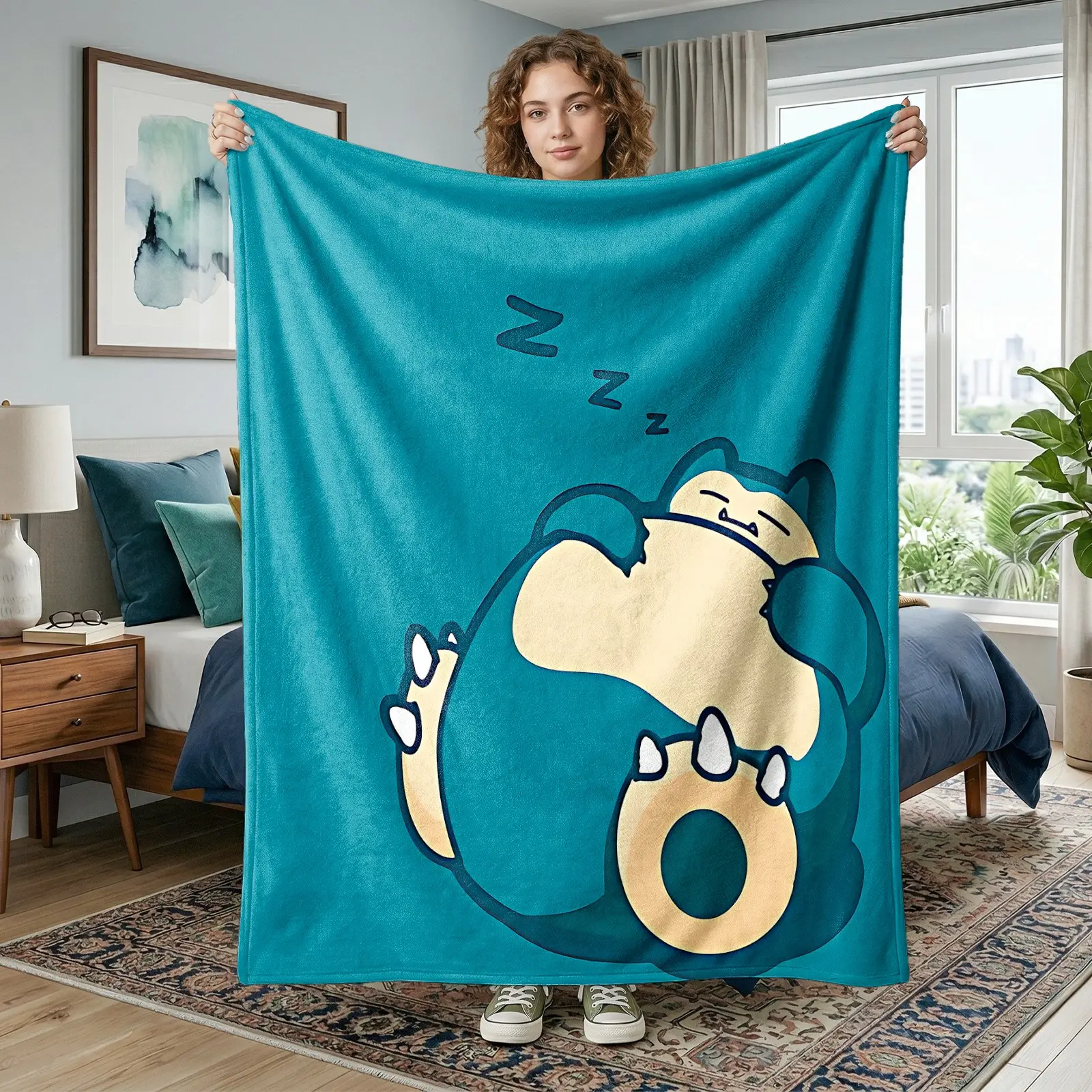 1pc Cute Sleeping Snorlax Flannel Blanket, Kawaii Sleeping Monster, Zzz Cartoon Anime Design, Soft Warm Cozy Fleece Throw Blanket for Sofa Bed Couch Office Nap Camping Travel, Birthday Christmas Gift, Cozy Throw Blankets