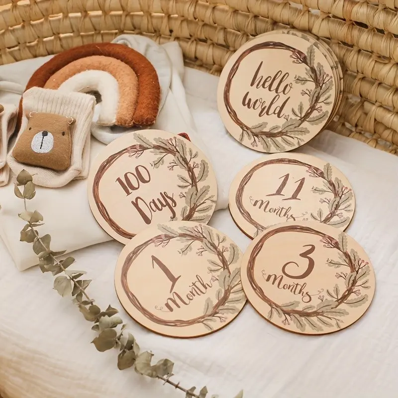 Wooden milestone commemorative booklet and birth sign chart, Milestone Signs, with wooden record board for placing photos/footprints - used to record walking and developmental milestones, photography props