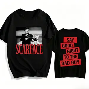Creative Scar Face Front Back Print T Shirt Men Vintage Hip Hop Streetwear Tee Say Good Night To The Bad Guy Graphic T Shirts Oversized Casual Black White Short Sleeve Top For Men Women Retro 80s Movie Fans Gift