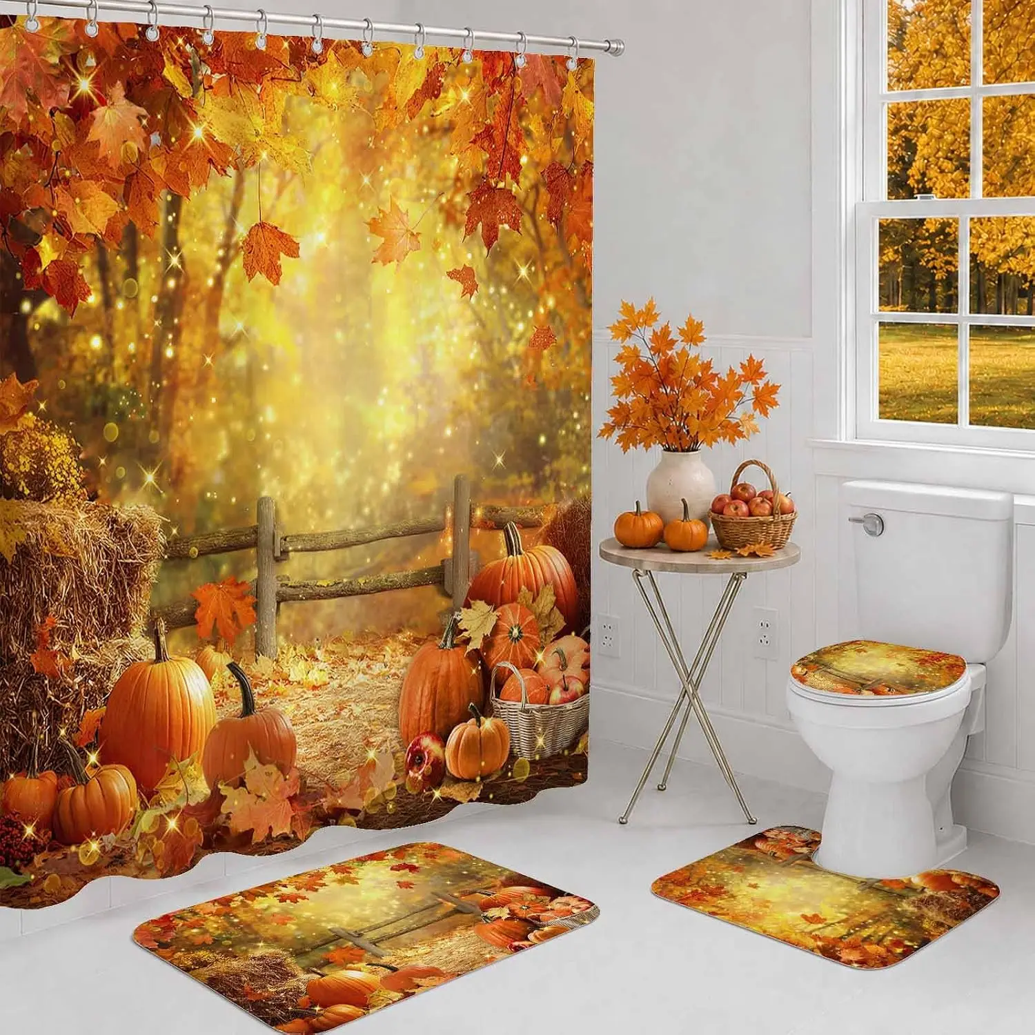 Fall Shower Curtain Set for Bathroom, 4Pcs Pumpkins Autumn Leaves Bathroom Sets with Non Slip Rugs, Toilet Lid Cover, Bath Mat, Shower Curtain, Bathroom Decor