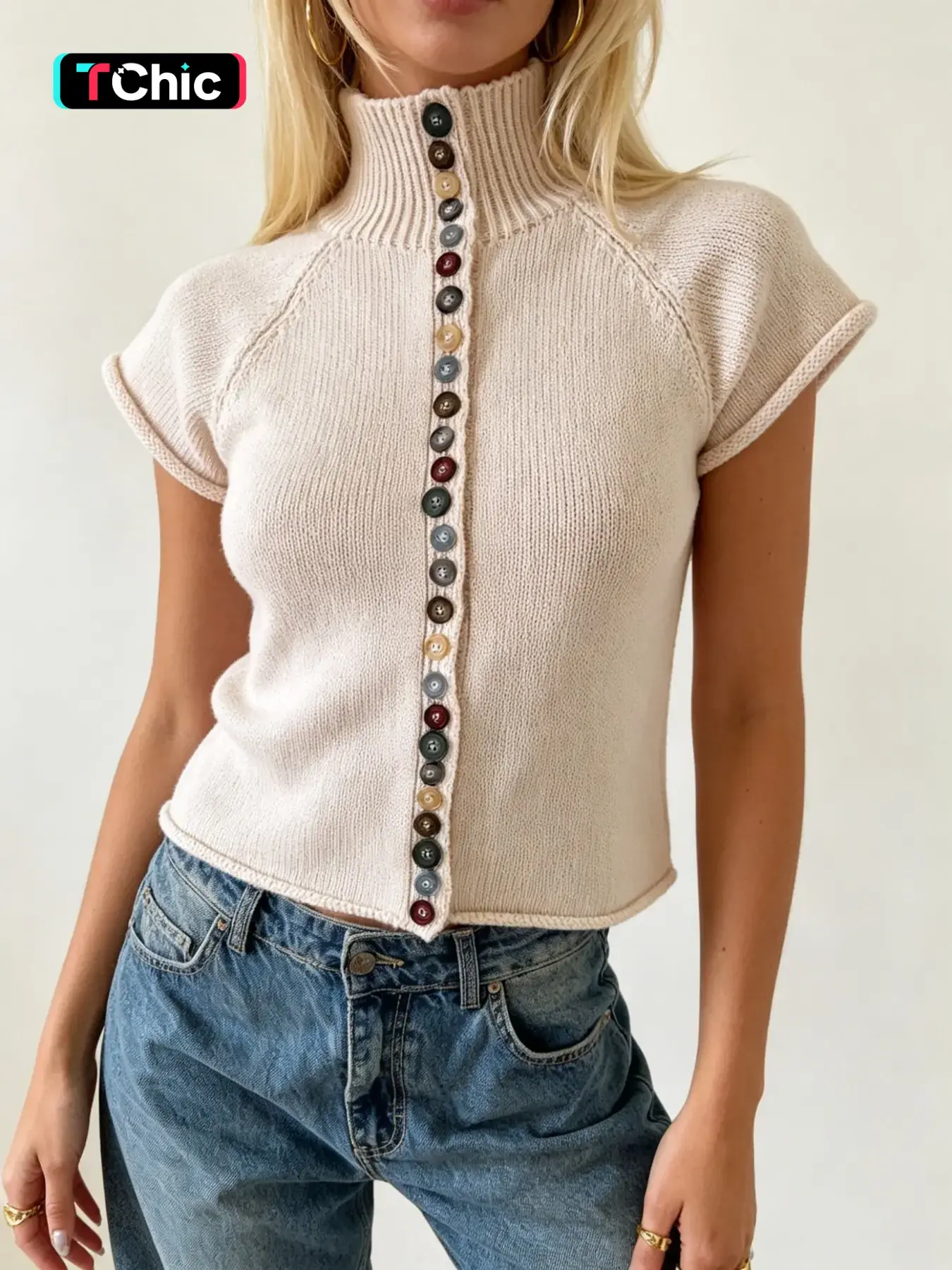 Women's Knit Button Half-Neck Short Sleeve Top, Cozy, Chic and Stylish Design, Perfect for Casual Wear, Comfortable Fit for Daily Use