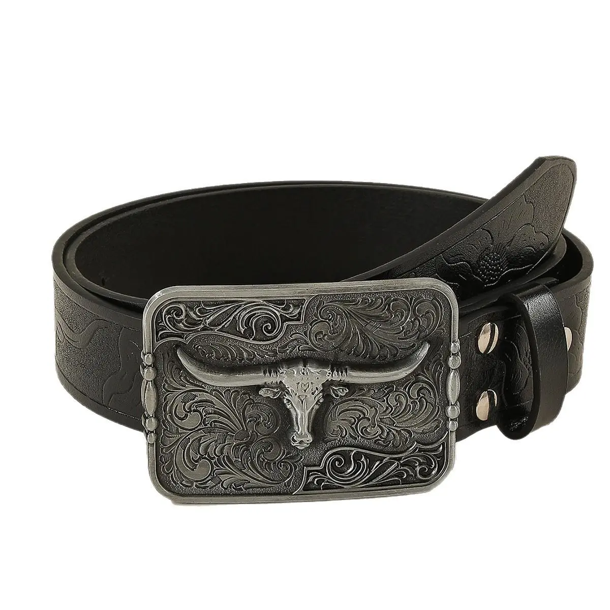 Vintage Western Belt with Engraved Bull Head Buckle & Tooled Floral Pattern
