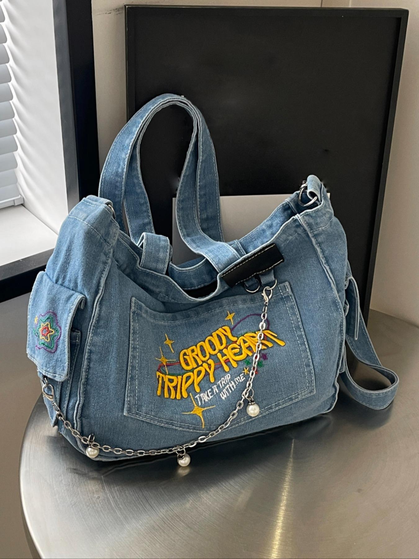College student tote bag for girls large capacity denim trend new style one-shoulder crossbody handbag niche design backpack, college, outdoor, sports, travel, outing, shopping, vacation, vacation, fashion niche design, women bag