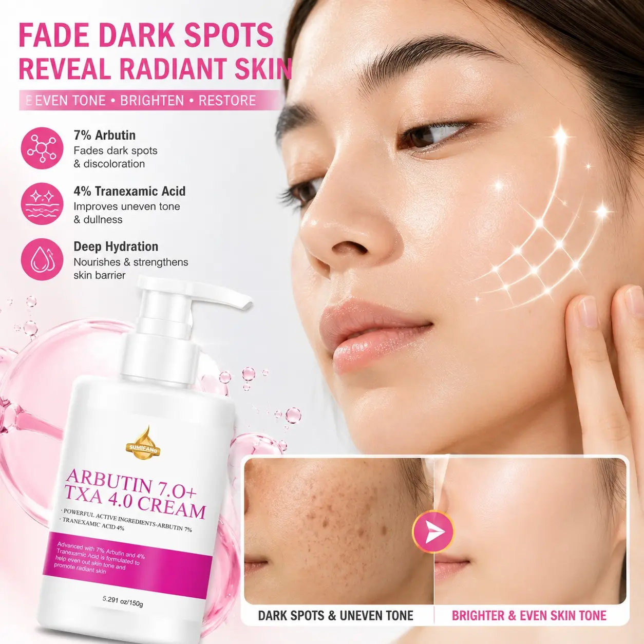 SUMIFANG 7% Arbutin + 4% Tranexamic Acid Body Lotion 150g – Hydrates and smooths skin for a radiant, luminous glow; features Vitamin C and Arbutin; lightweight, silky texture; ideal for daily body care. Moisturizing Skin