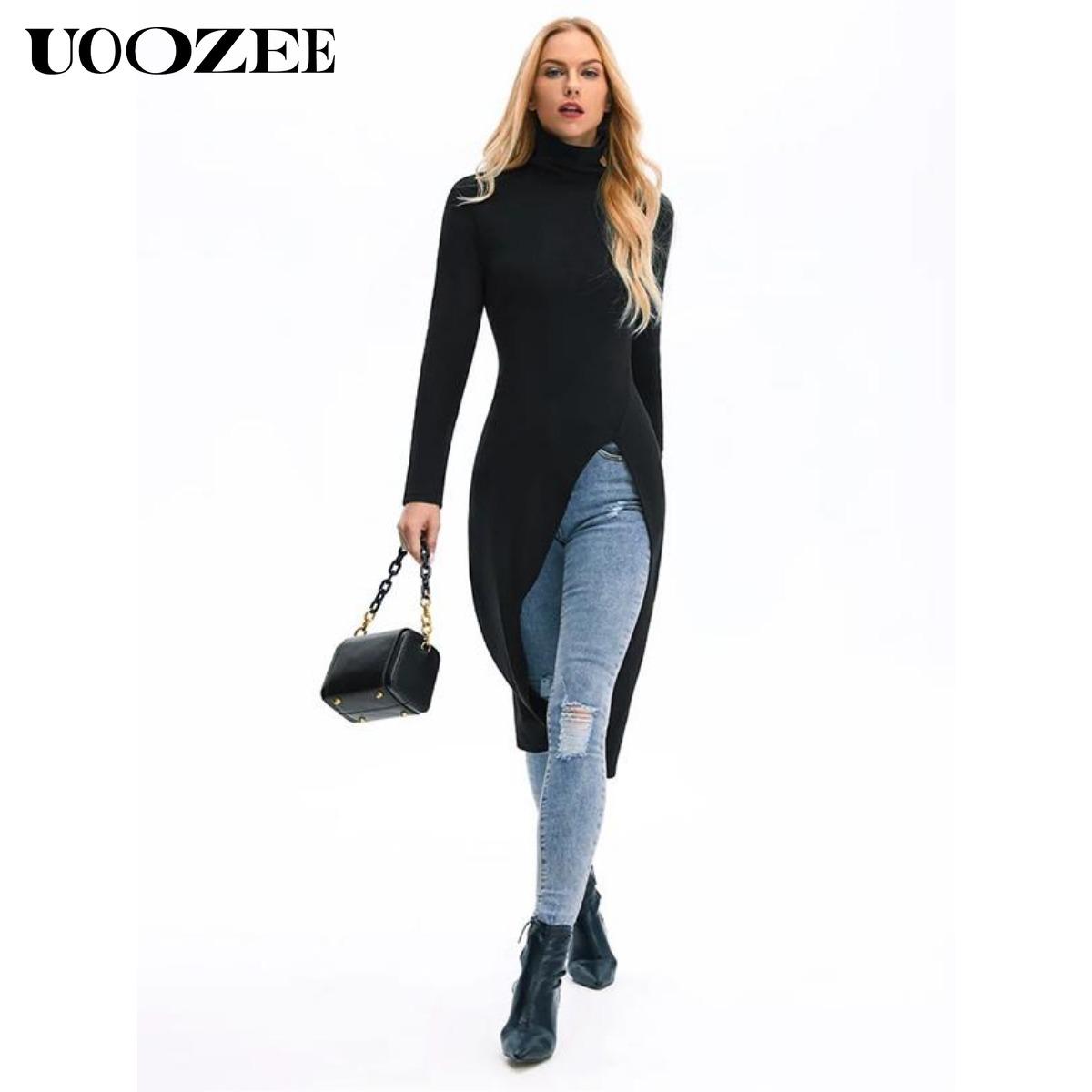 UOOZEE Women's simple tight solid color split high collar long sleeve knitted top, elegant casual, with a strong sense of design, elastic and comfortable fabric, suitable for daily leisure and commuting fall clothing women office outfits
