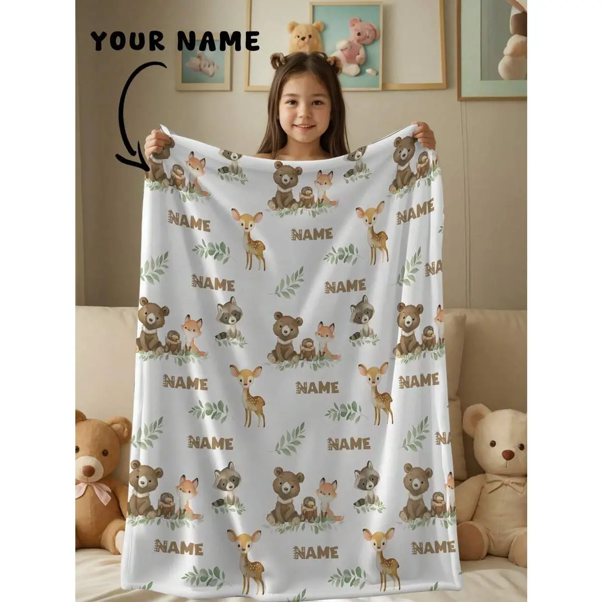 Boho Woodland Animals Personalized Name Blanket, Forest Bear Deer Fox Custom Name Flannel Throw Blanket, Neutral Woodland Nursery Blanket, Customized Baby Name Gift, Soft Lightweight Crib Blanket