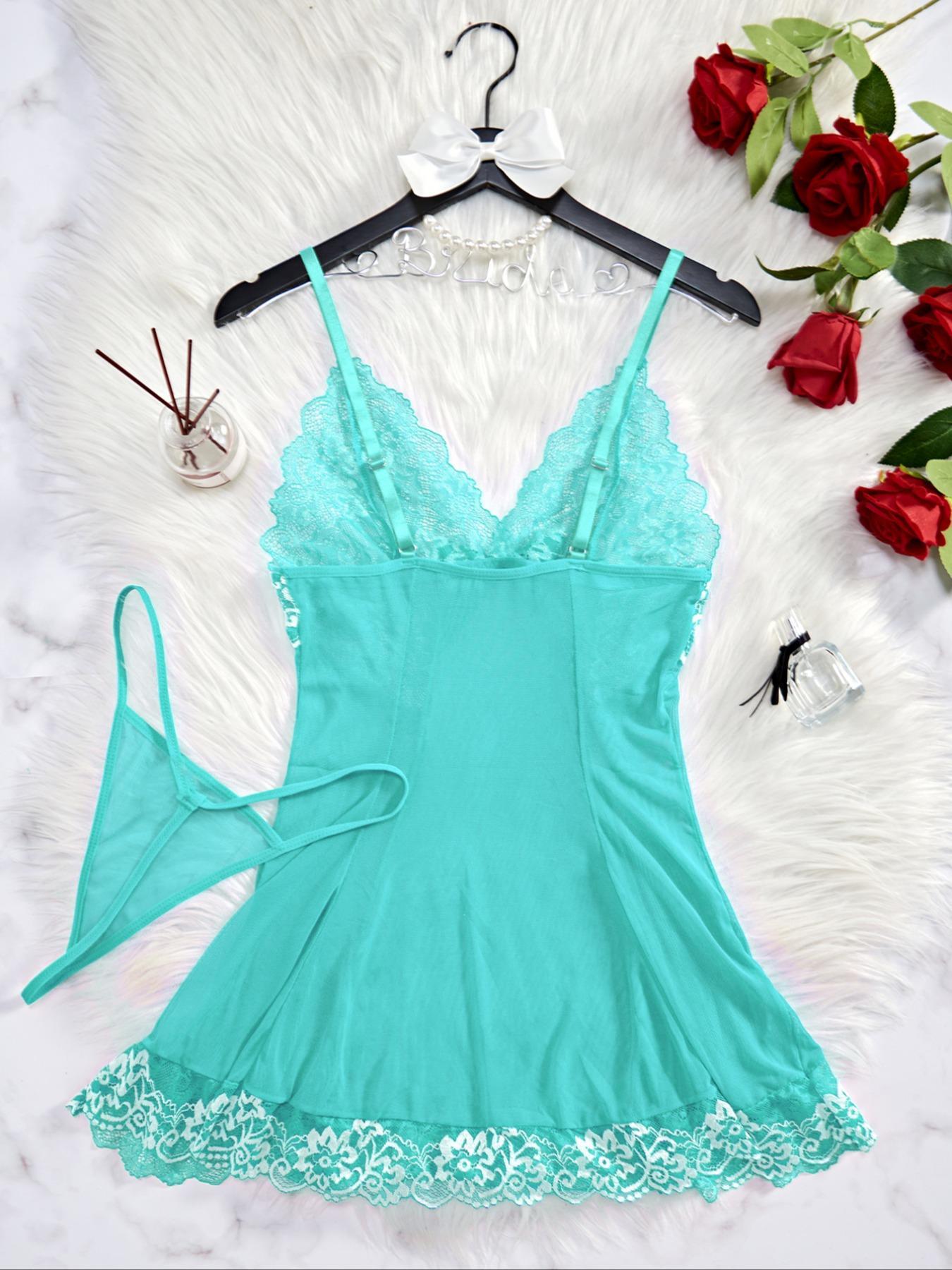 Women's Contrast Floral Lace Bow Front Sexy Costumes Set, Fashion Adjustable Strap Nightgown & Solid Thong, Ladies Summer Clothes for Daily Wear