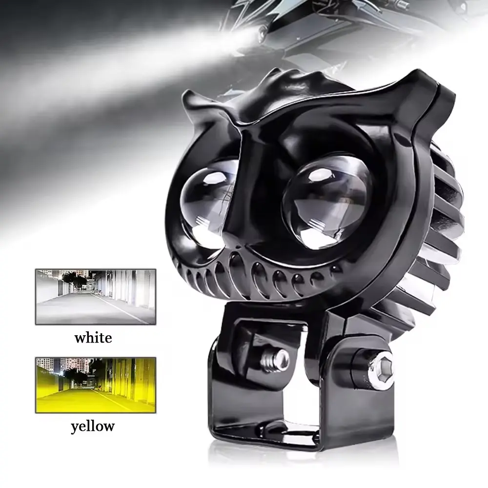 Owl Shape Motorcycle LED Auxiliary Spotlight Motorcycle Lights IP68 Waterproof Dual Lens White Yellow Dual Color 4 Modes Strobe Fog Light, 180° Adjustable Bracket Offroad Driving Lamp for Motorcycle ATV Scooter UTV