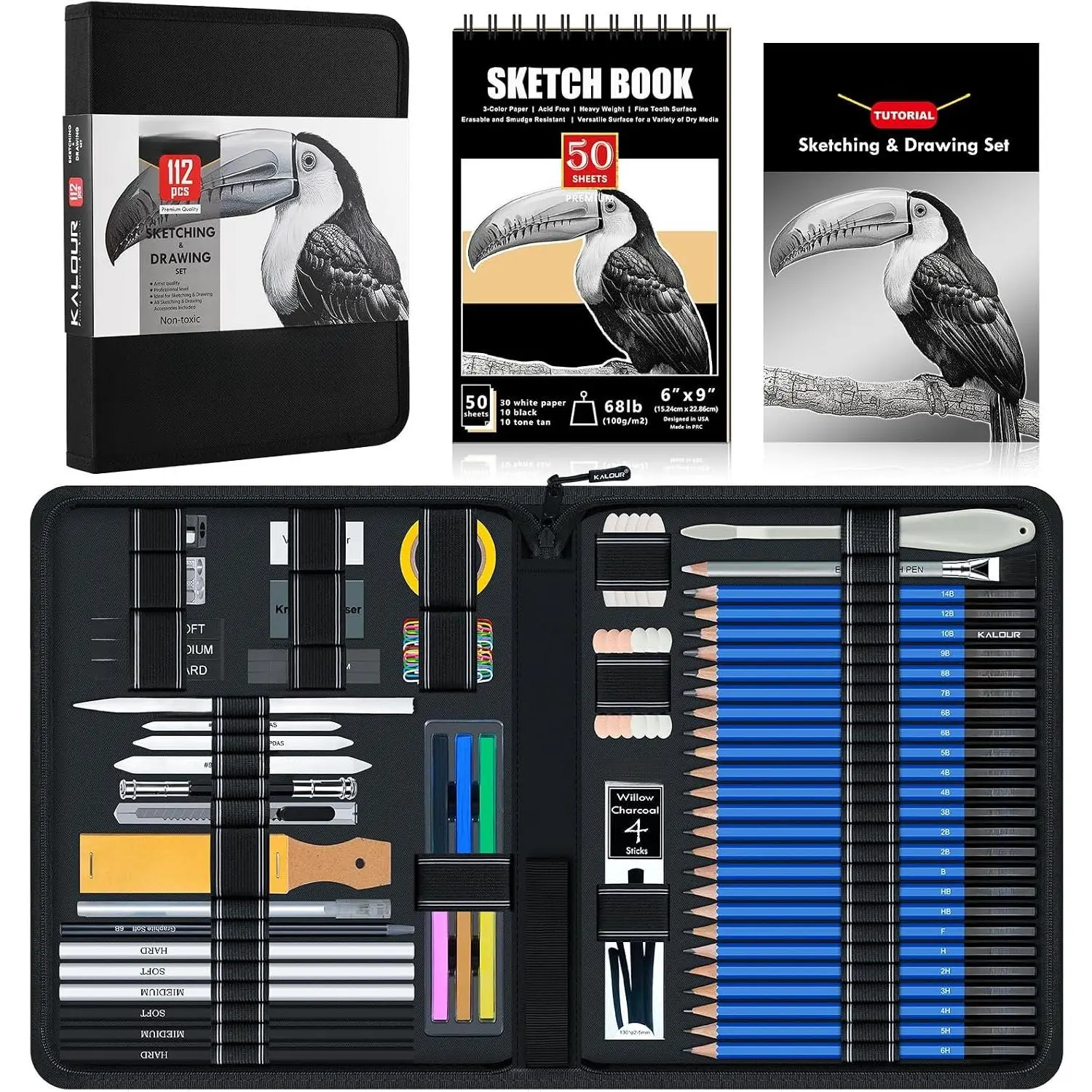 112-Piece Pro Art Drawing Sketch Kit, Office Stationery with 3-Color Sketchbook, 24 Pencils, Graphite Stick, Charcoal Pencils & Tutorial for Adults Beginners, Ideal for Shading Blend