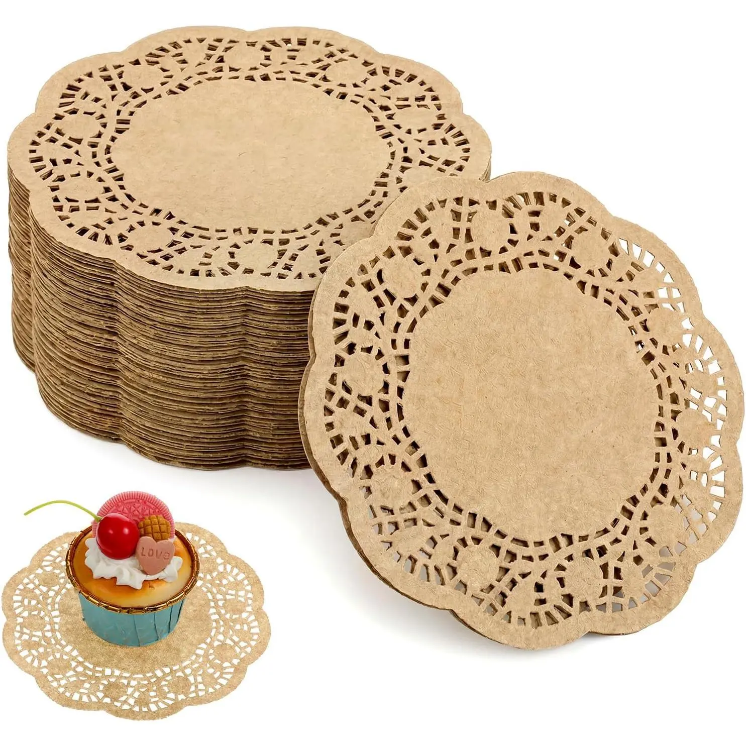 100 count 5.5 Inch Round Paper Doilies, Disposable Brown Paper Placemats Lace Doilies Papers for Dinner Plates Wedding Table Decor Party Decorations Cakes Crafts