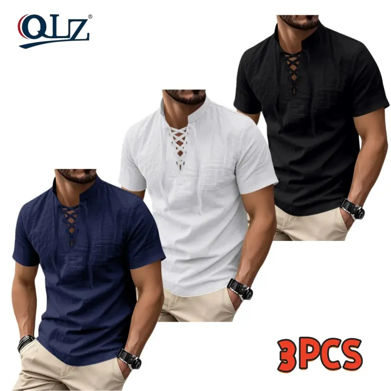 Men's 3-Piece Linen Shortsleeve Shirt Set, Breathable Stand Collar Plain Tops, Regular Fit, Knot Design, Business Casual Tropical Menswear