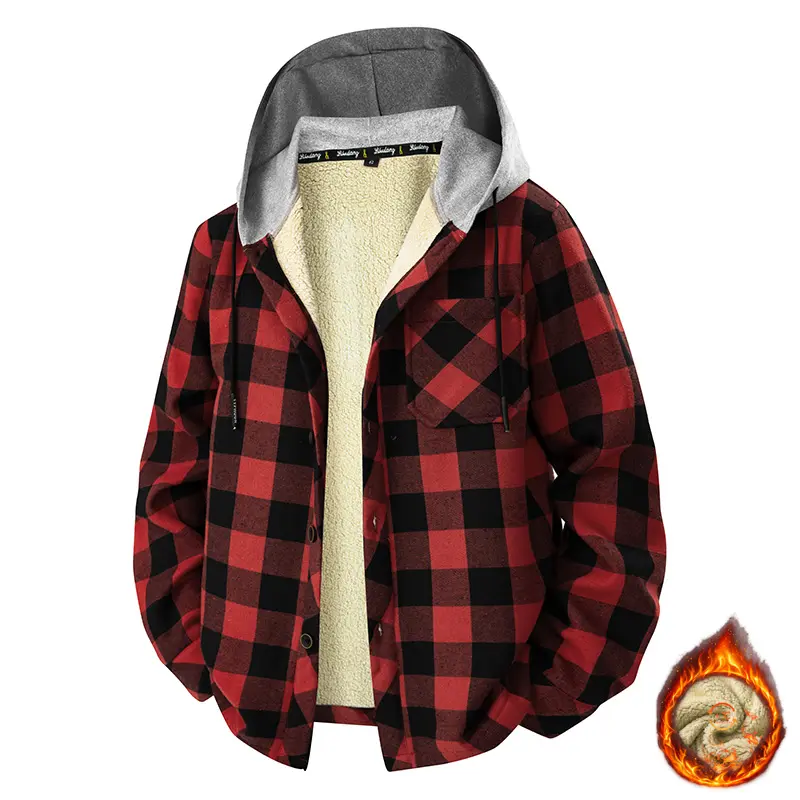 Mens Sherpa Fleece Lined Buffalo Check Hooded Flannel Shacket, Fashion Drawstring Hood Button Up Heavyweight Thermal Overshirt Jacket for Men, Comfy Thick Warm Loose Fall Winter Cold Weather Casual Layering Outerwear, Daily Winter Plaid Fleece Coats Bulk