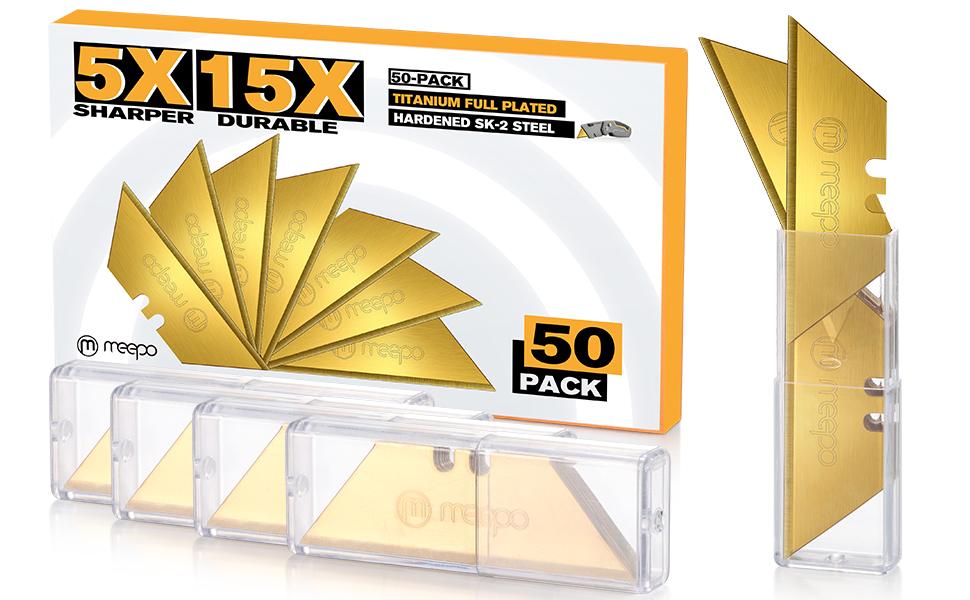 50-Pack Utility Knife Blades, Titanium Fully Plated, Durable SK-2 Razor Blades for Utility Knife Box Cutter, Never Rust, Extra Durable