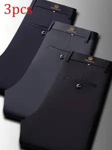 Men's Business Casual Pants Set of 3, Dark, Navy, Anti-Wrinkle, Crown Embroidery, Metal Buckles, Straight Leg, Versatile Style