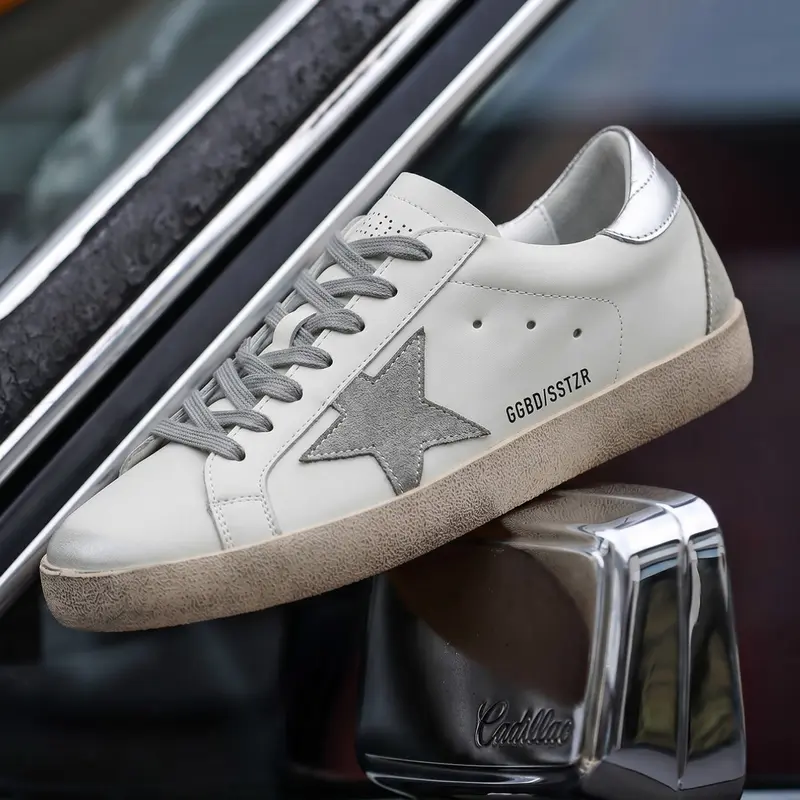 Women's Vintage Starry Sneakers, Leather Mesh Low Top Casual Shoes, Soft Sole Commuter Sneakers, Spring & Fall Fashion