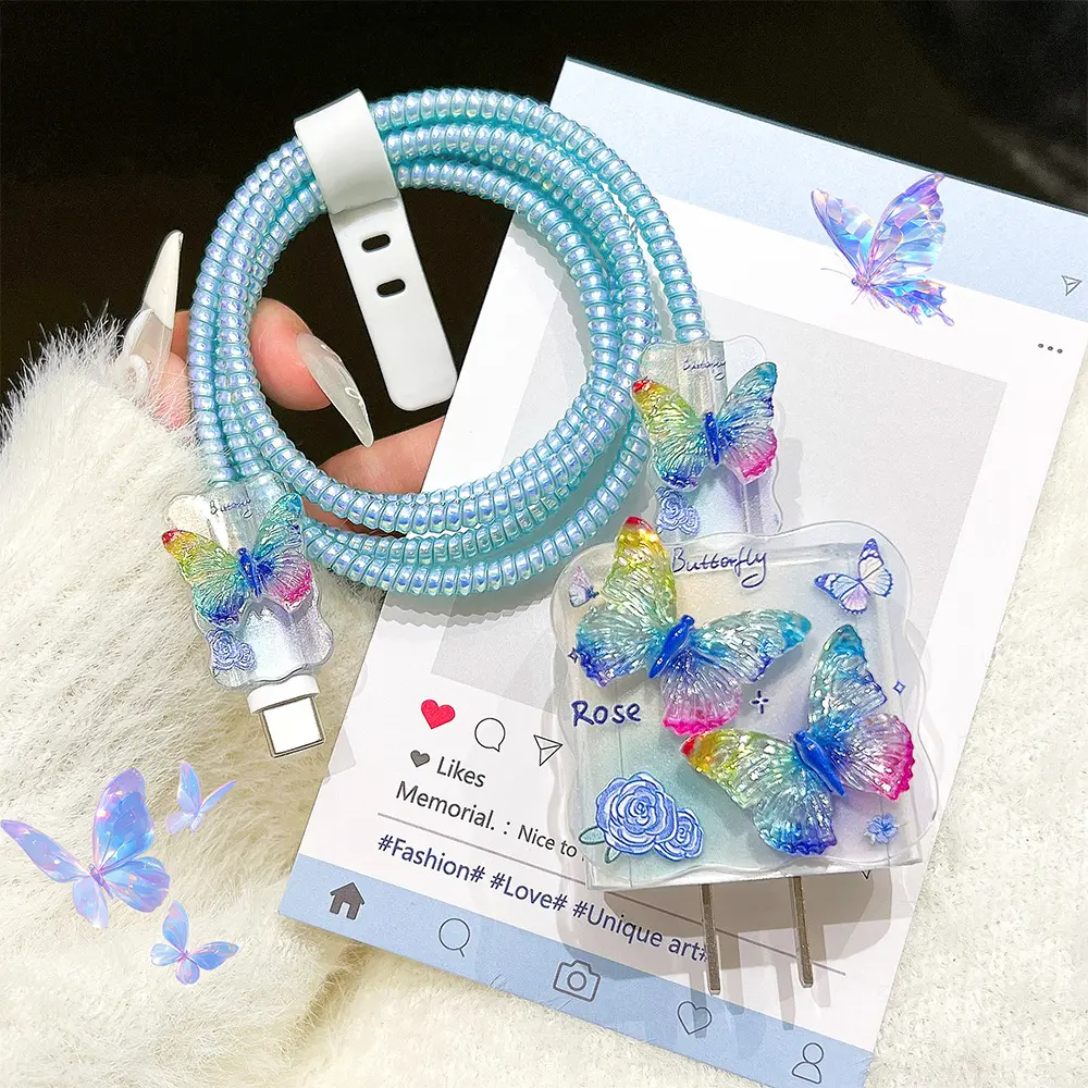 Protective case set for US&CN Verison For Apple 20W fast charger; features a multi-color butterfly pattern and includes protectors for both the charging cable and the charger protector itself Anti-kink, tangle-resistant cable