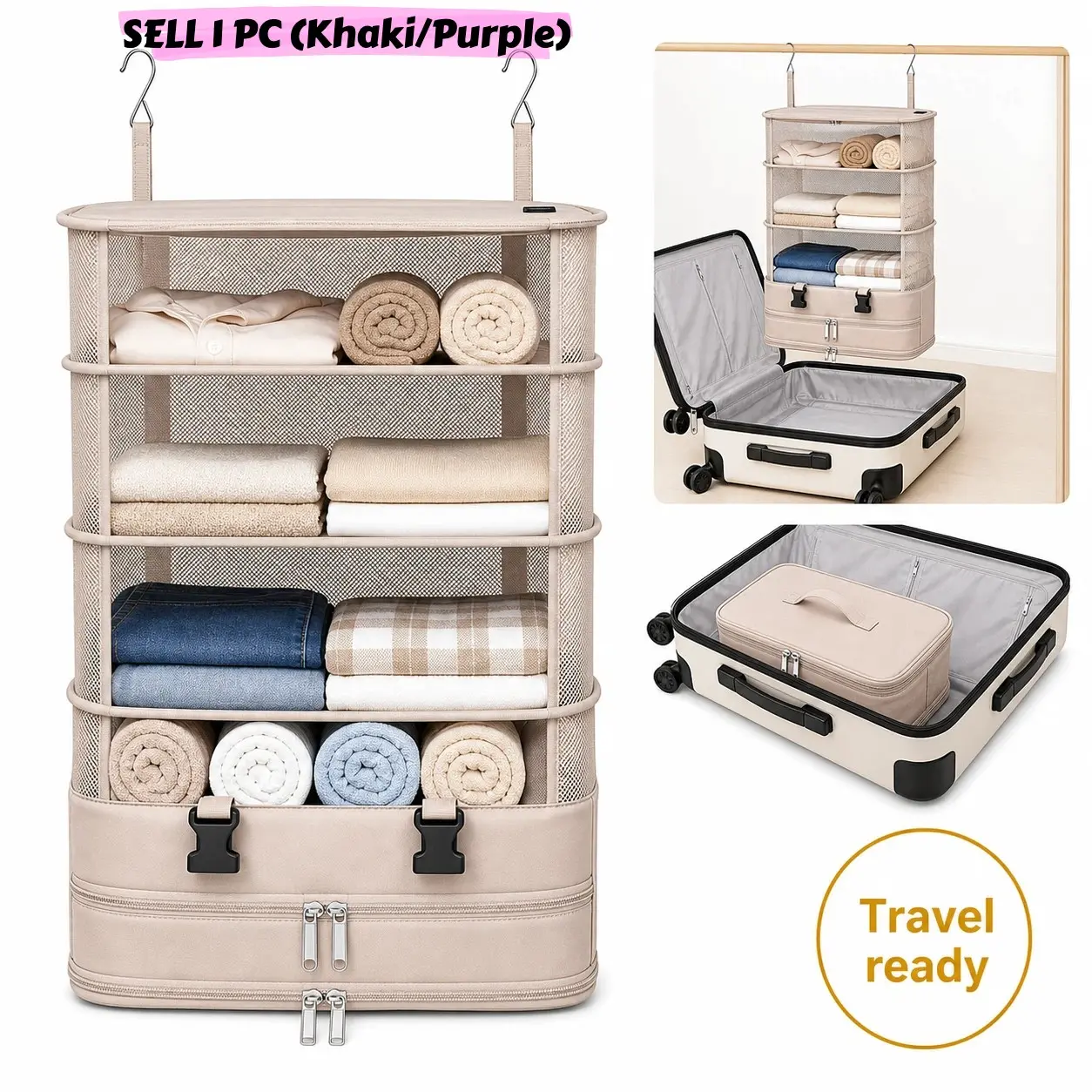 5-Tier Suitcase Organizers, Travel Luggage Organizers, Portable Hanging Travel Shelves, Foldable Hanging Large Capacity Packing with Shoes Compartments for Carry-on Luggage