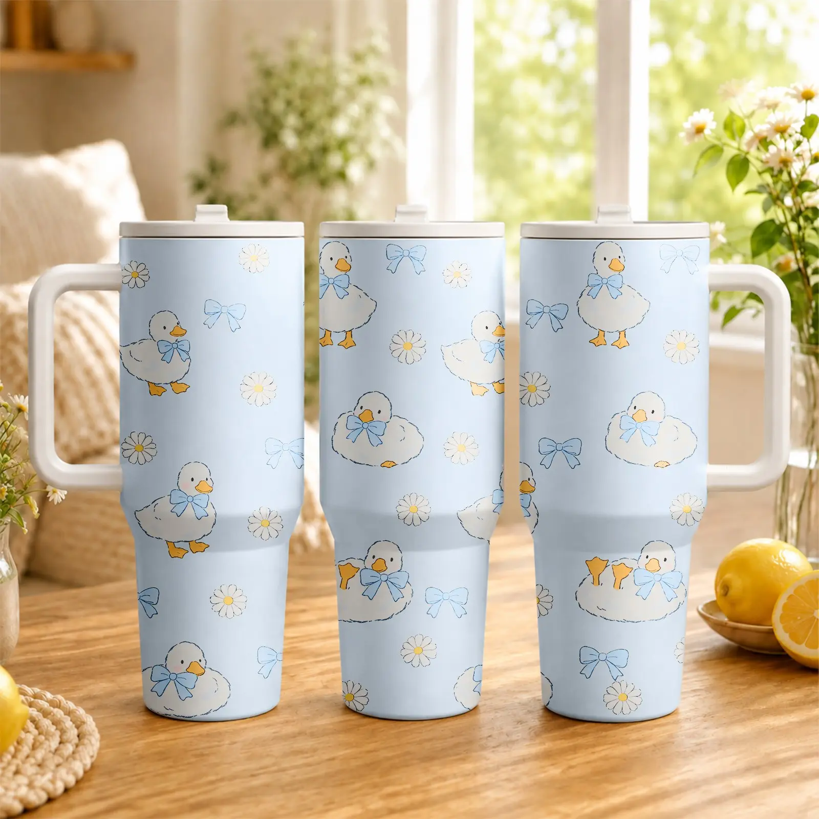 1PC Blue Dream Duck 40oz Stainless Steel Tumbler with Handle and Straw, Cute Duck Daisy Bow Print Water Bottle, Large Capacity Vacuum Insulated Cup, Keeps Drinks Cold or Hot, Aesthetic Kawaii Tumbler for Office, Travel, Gym and Daily Use