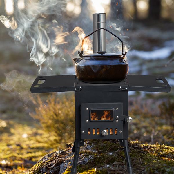 Portable Wood Burning Stove for Tent & Camping, Carbon Steel Folding Heater with 3 Chimney Pipes & Fire Blanket for Ice Fishing, Hunting & Cooking