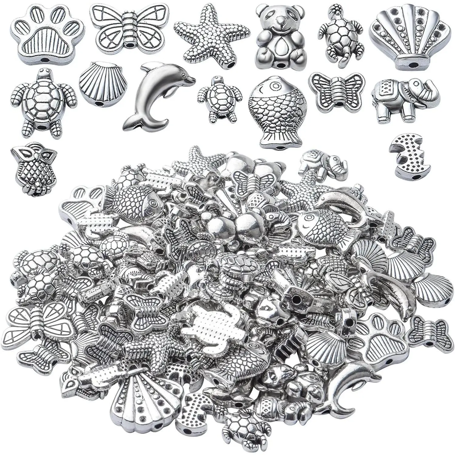 100g Antique Silver Mixed Animal Starfish Butterfly Turtle Bear Spacer Beads Alloy Tibetan Loose Beads Spacers for DIY Jewelry Making