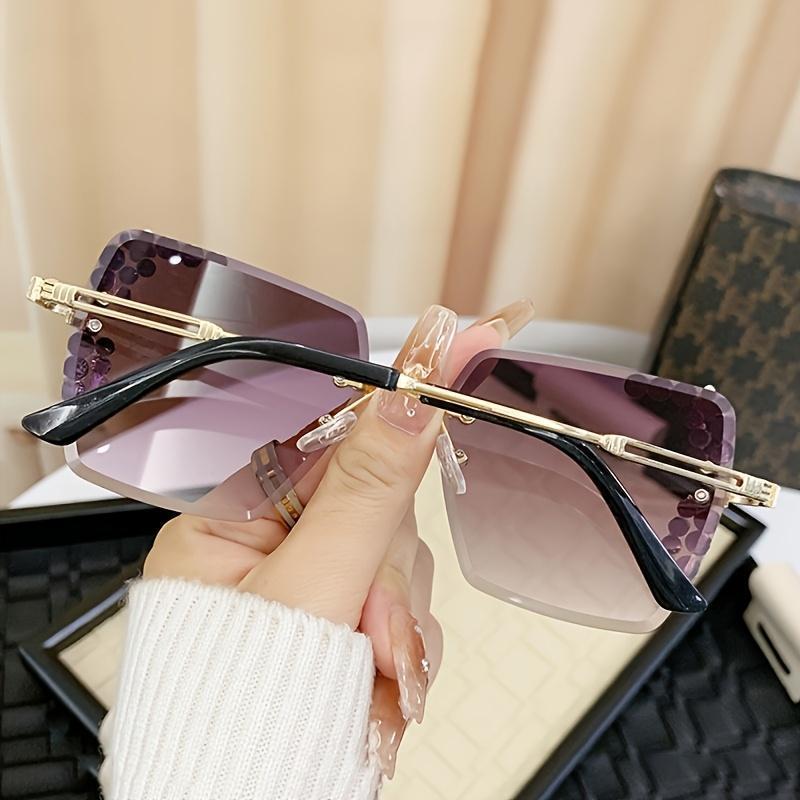 Frameless Gradient Fashion Glasses for Women Pink-Plated Metal Accents Square Lenses Lightweight Eyewear for Casual Outings and Photo Shoots Oversized Aviator Nighttime Yellow Tint Trendy Rectangle Sunglasses Cute Women's Cat Eye Sunglasses