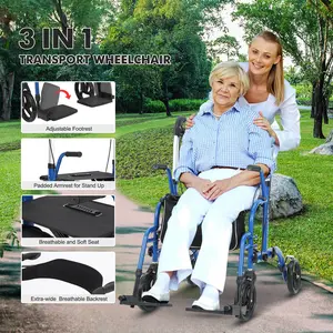 3-in-1 Rollator Walker Wheelchair Combo with Seat for Seniors, All Terrain Medical Transport Walker for Adults, Equipped with 6 Inch Non-Slip Wheels, Reversible Backrest and Detachable Footrests