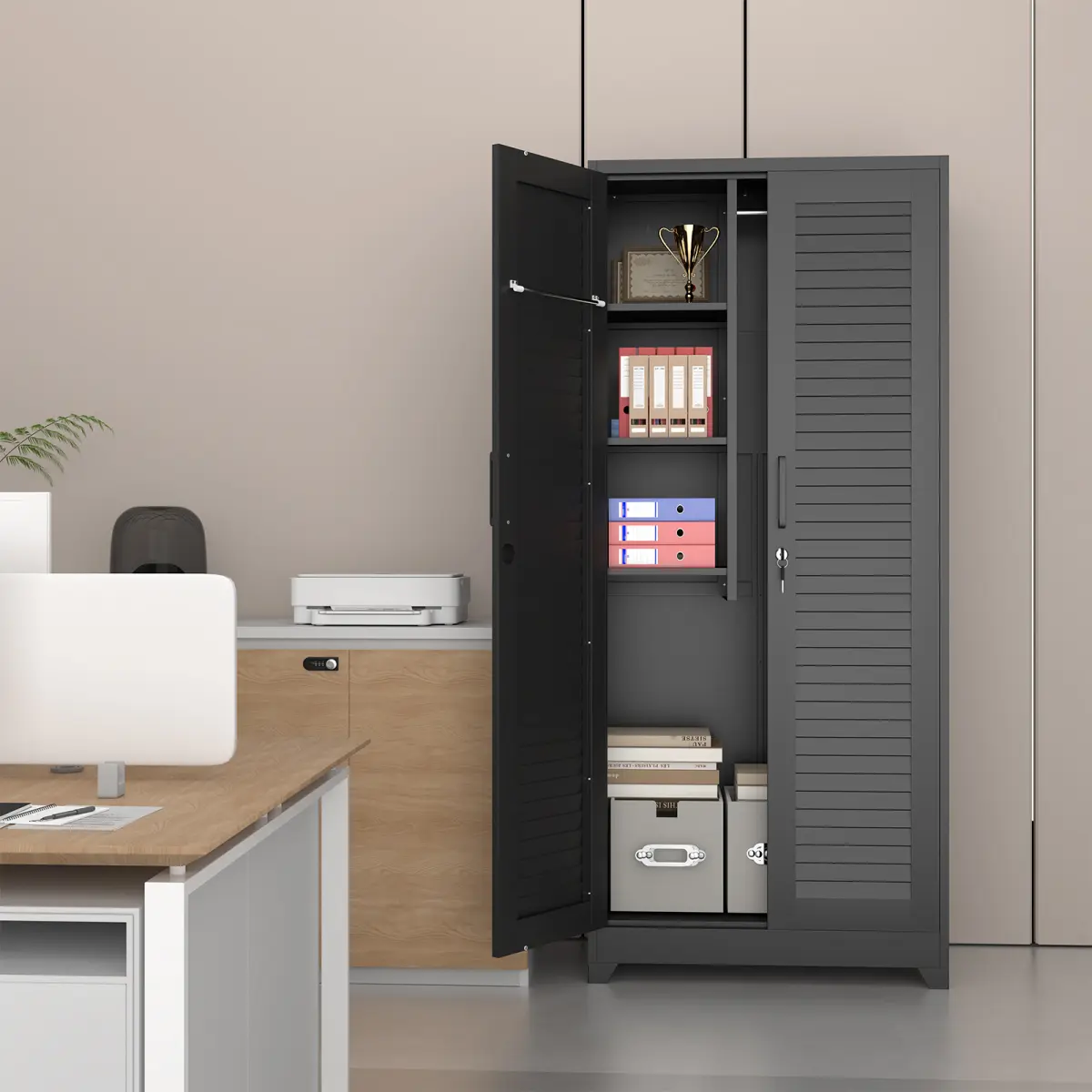 [Bellemave] Metal Broom Closet, Garage Storage Cabinet, Tool Chest Bathroom Cabinet with Locking Doors and Wheels, Tall Utility Cabinet with Hanging Rod, Freestanding Storage Cabinet for Cleaning Supplies