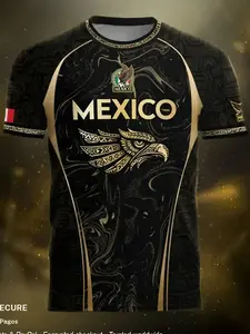 Mexico Gold Aztec Eagle Patriotic Soccer Jersey, 3D All-Over Print Short Sleeve T-Shirt, Maya Totem, Breathable Quick-Dry Fabric