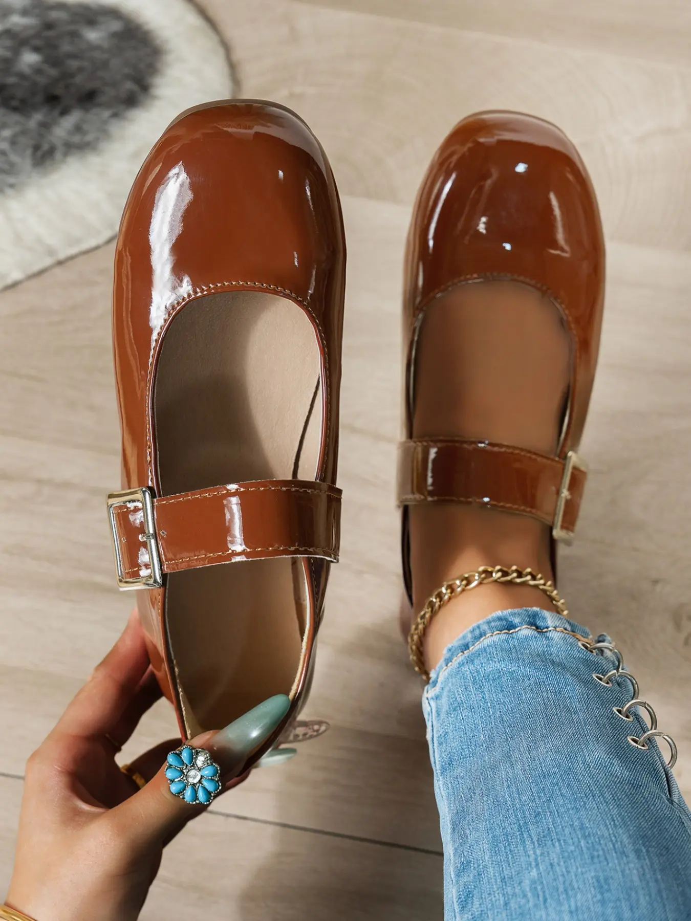 Women's Glossy Square Buckle Mary Jane Flats, Patent Leather Casual Shoes, Stylish and Comfortable Footwear for Everyday Wear