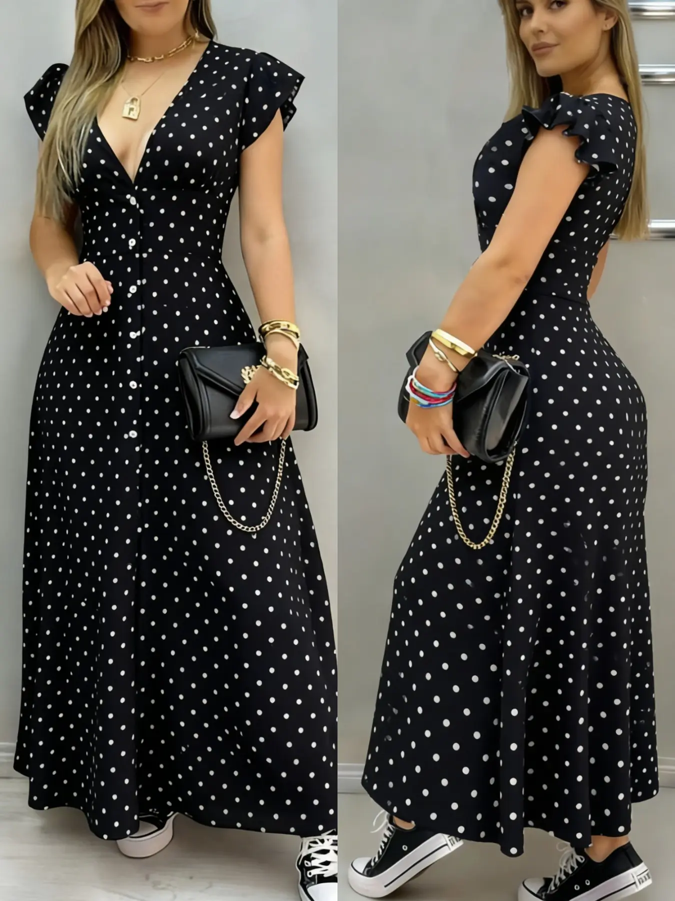 Elegant Women's Polka Dot Short Sleeve Split Dress, Summer Fashion Round Print Dress, Casual French Style Long Dress for Parties and Vacations