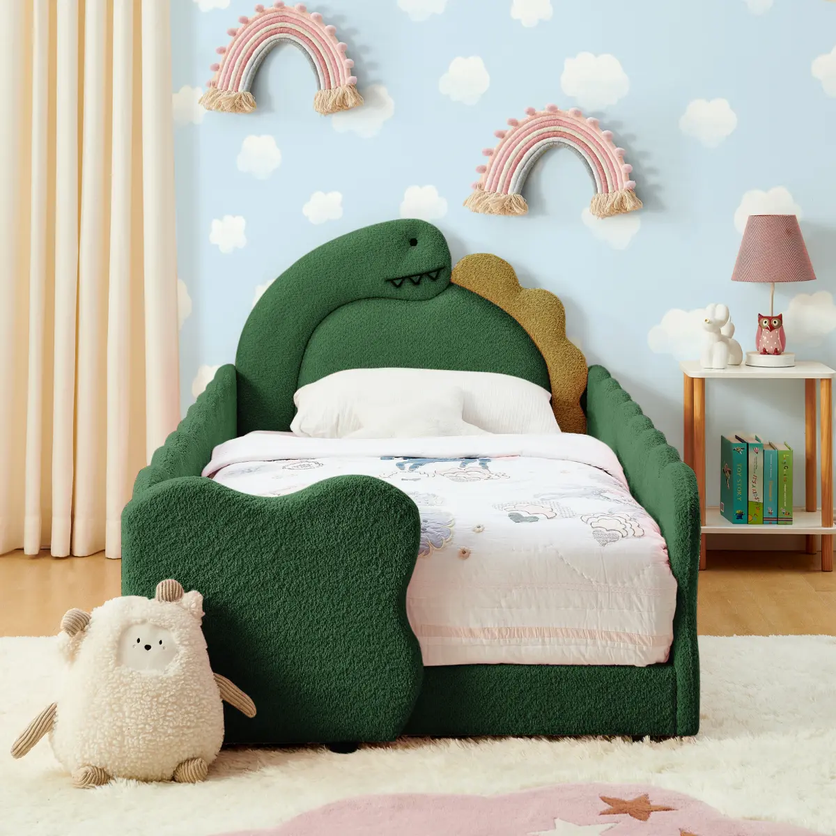 Kids Twin Bed Upholstered Platform Bed Frame with Cute Dinosaur-Shaped Headboard, for Boys and Girls, Boucle Bed with Thickened Guardrail and Slats, No Box Spring Required, Easy Assembly