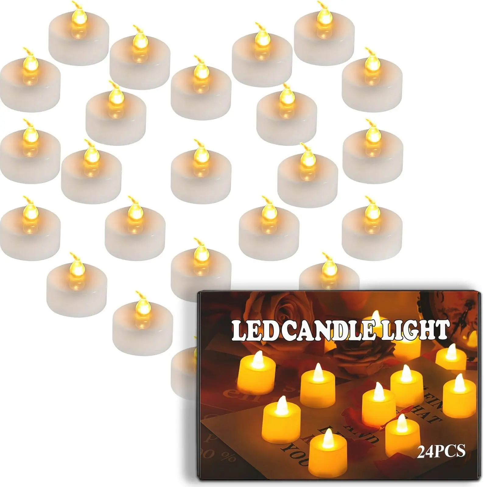 24-Pack Flameless Votive LED Tea Lights, Ambient Flickering Warm White, 200+ Hour Battery-Operated Fake Candles for Wedding Table, Halloween Decor (Ideal for Decorators)