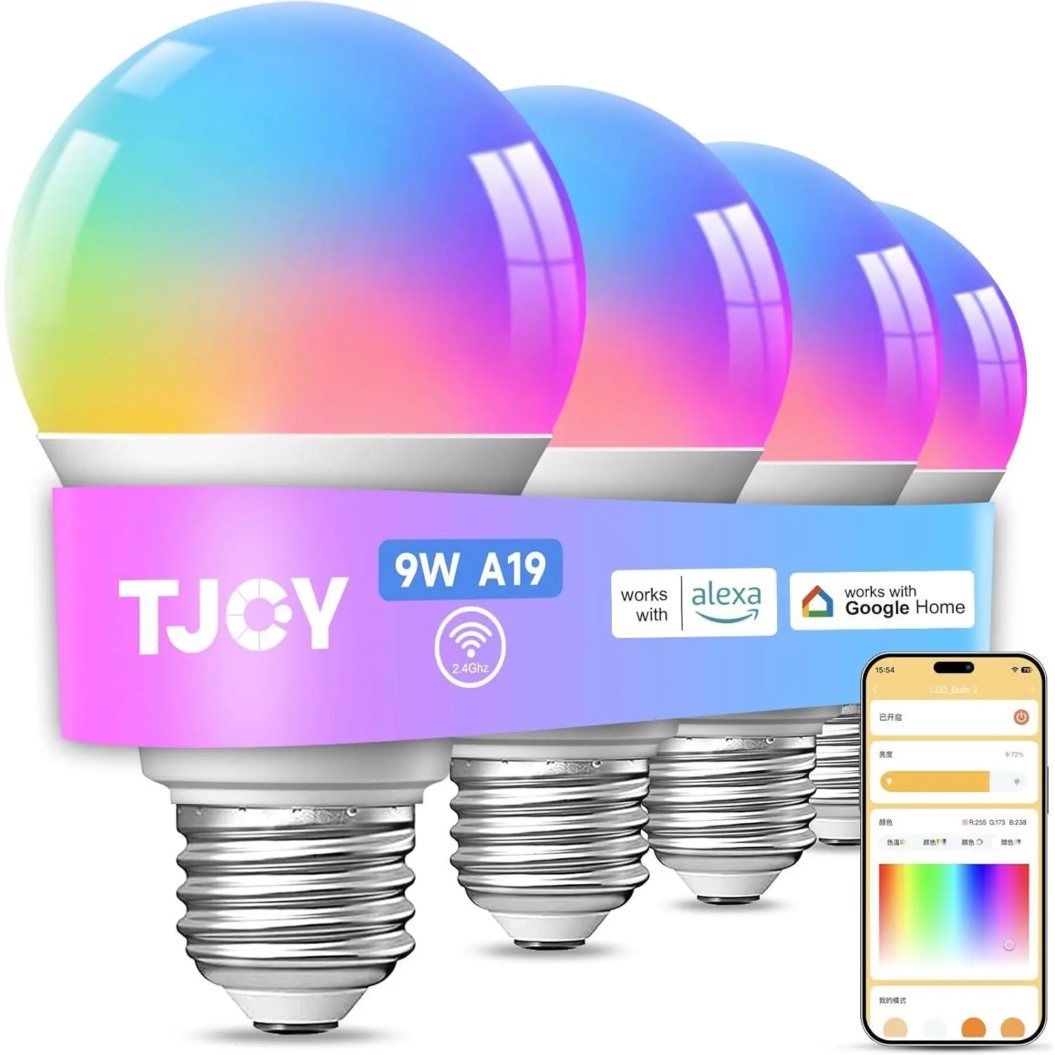 4 Pack Smart Light Bulbs, Bluetooth WiFi Led Bulb Work with Alexa &Google Assistant, RGB Color Changing Alexa Bulbs, Music Sync, 2700K-6500K, 9W(60W Equivalent), A19 E26 800LM, 2.4Ghz WiFi only
