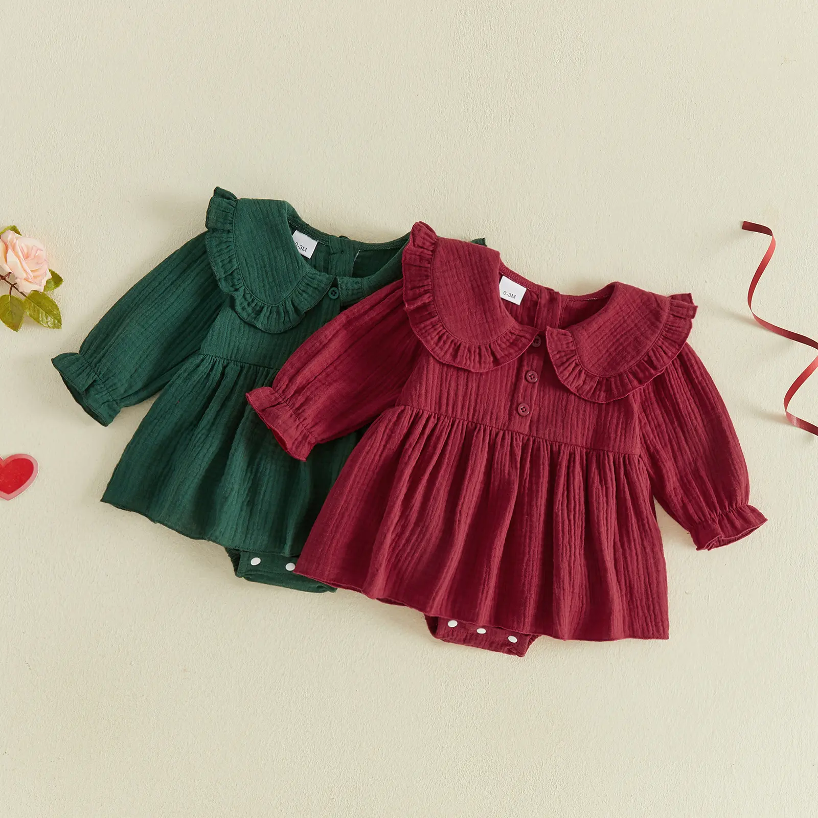 Infant Baby Girl Romper Dress A Line Button Doll Collar Long Sleeve Dress Fall Winter 0-18 Months