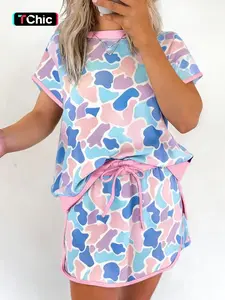 Summer Casual Camouflage Print Round Neck Short Sleeve High Waist Pants Skirt Set, Comfortable and Stylish for Daily Wear Clothes Clothing Sets
