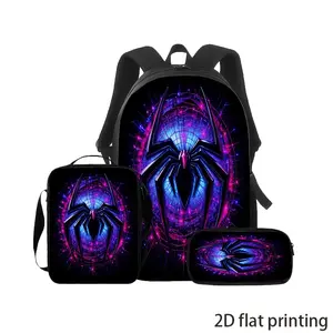Fashionable Trendy Spider-pattern Backpack 3pcs Set, Including a Large-capacity Backpack, a Crossbody Portable Bag, and a Pencil Case. Featuring a Dazzling Purple-blue Light and Shadow Design with Strong Visual Impact, It Is Suitable for Students