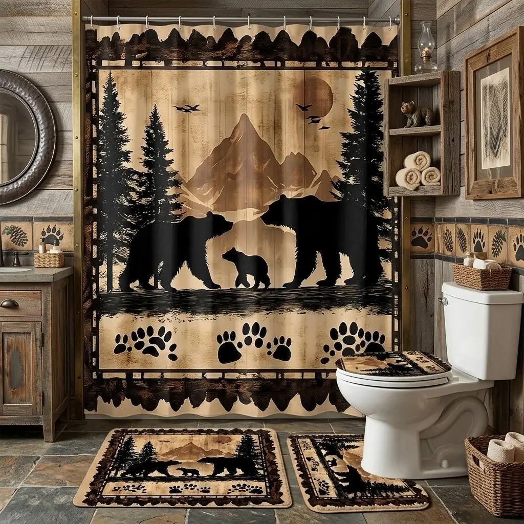 4pcs Vintage Wooden Frame Mountain Pine Bear Family Paw Print Aesthetic Shower Curtain Set, Bathroom Shower Curtain Sets, Rustic Wildlife Forest Silhouette Bath Mat Toilet Lid Cover Combo, Cozy Cabin Style Bathroom Decor Kit