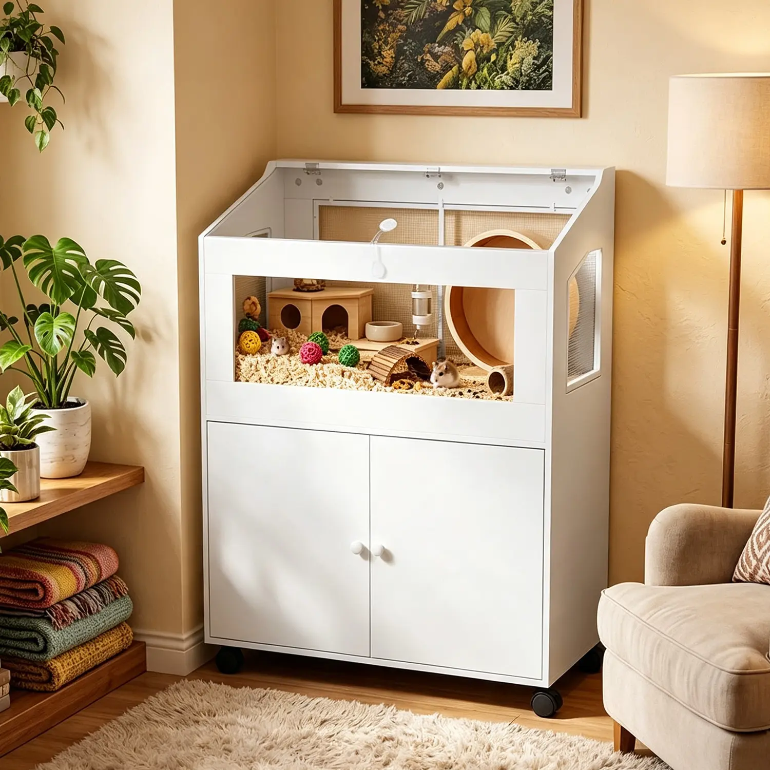42.5in Hamster Cage with Storage Cabinet, Acrylic Viewing Panel, Mesh Ventilation & Locking Wheels for Small Pets
