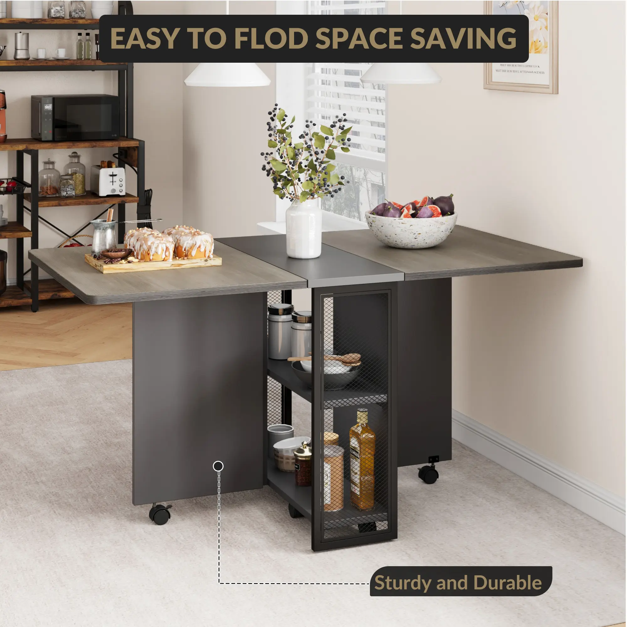 FoldingTable, Drop Leaf Dining Table with 6 Wheels and 2-Layer Storage Shelf, Space Saving Table for Small Spaces
