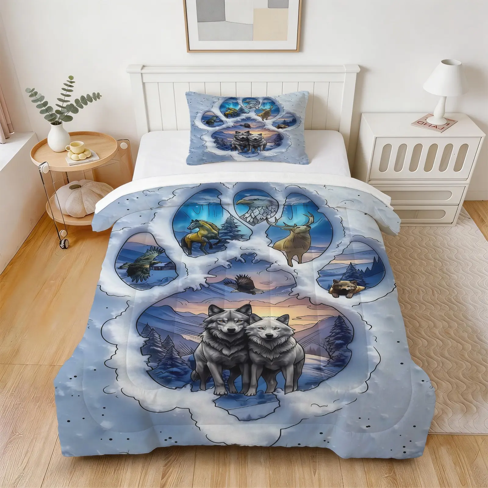 Wolf Themed Quilted Quilt Set, Comfy Bed Sets, 1 Blanket With 1/2 Pillowcase (Excluding Pillow Core), Suitable For All Seasons Bedding In Bedrooms, Dormitories, And Guest Rooms, Suitable For Teenagers And Adults
