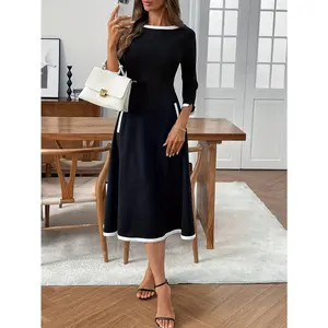 Women's Elegant Autumn/Winter Donegal Tweed Fashion Black and White Contrast Color Umbrella-Style Dress, Round Neck Three-Quarter Sleeve Maxi Dress, Hot for Autumn/Winter