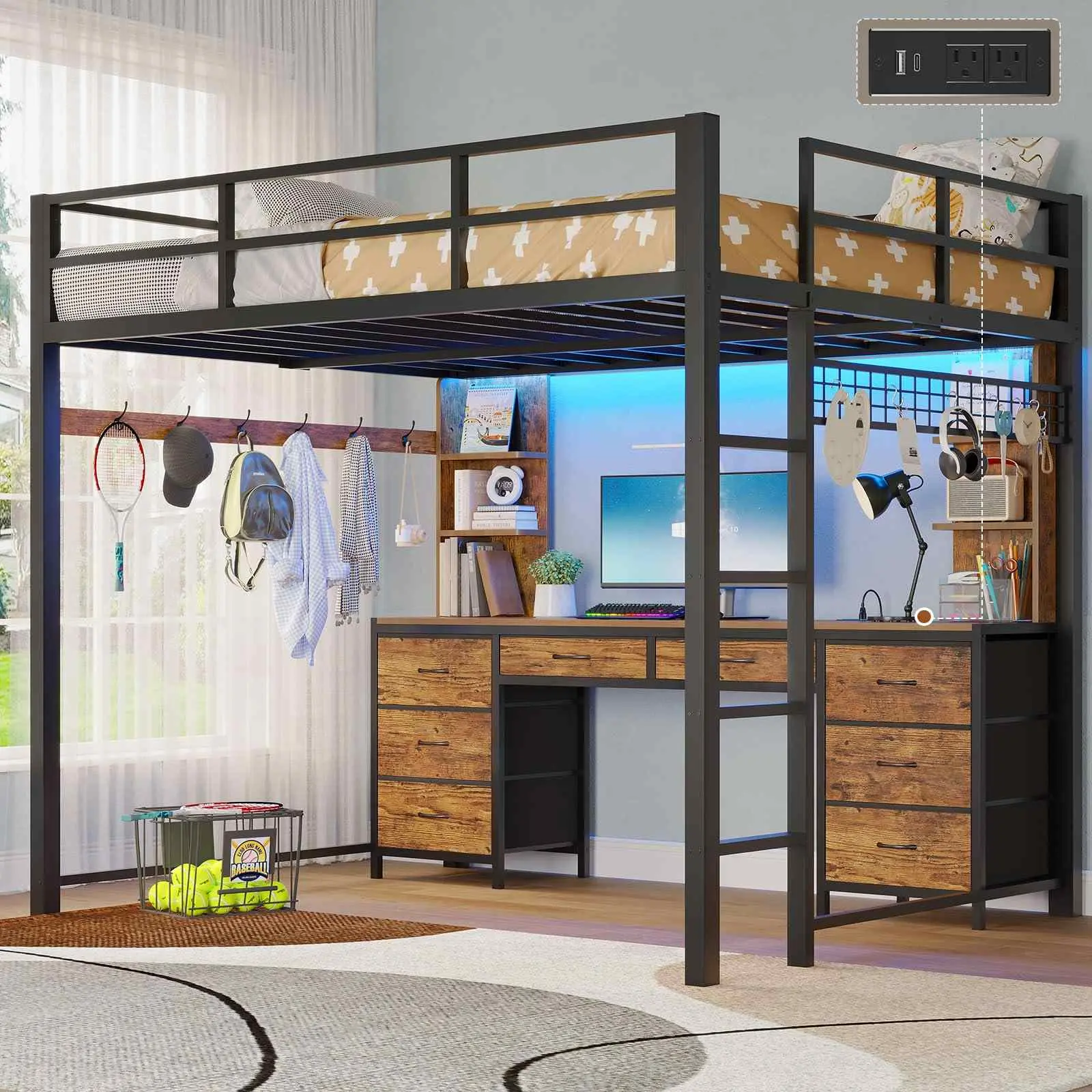 SIKAIC Durable Modern Platform Loft Bed Frame - Full Size Brown Rust-Resist Steel Bed with L-Shaped Desk, Guardrail, Charge 2+1+Type-C Ports, App+Remote Control Music Sync Smart LED Lights, Assembly Required