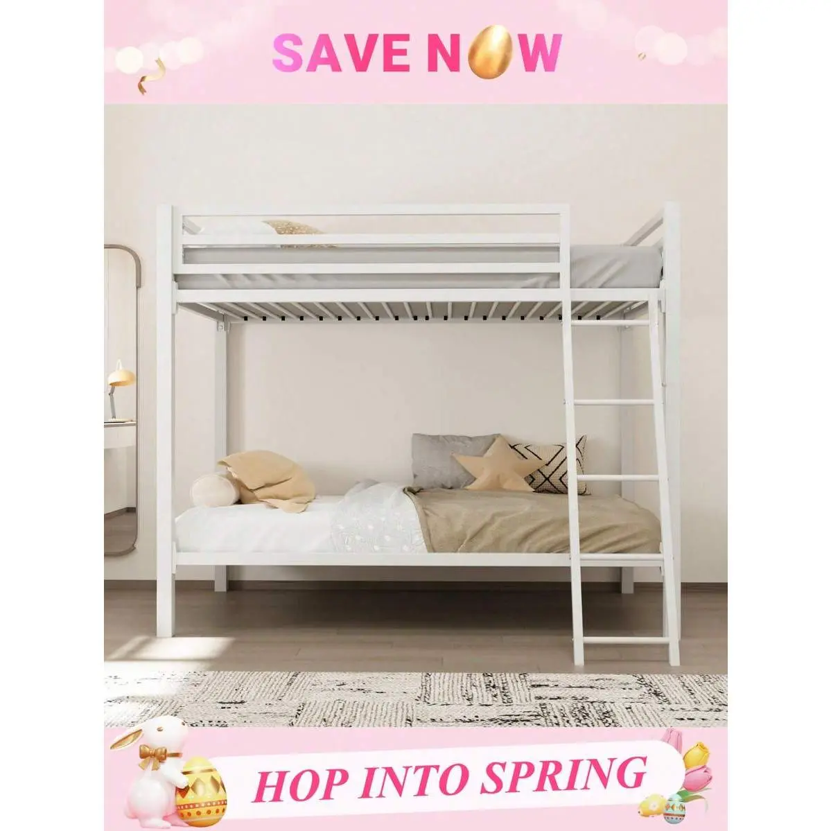 Metal Bunk Bed Twin Over Twin Size for Juniors & Adults with Angled Ladder & Heavy Duty Safety Guardrail, Space-Saving/Noise Free, Black/White * Bed Frame Queen Queen Bed Frame Bed Frame Full Full Size Bed Frame Size Bed Frame Twin Bed Frame Room Decor Ho