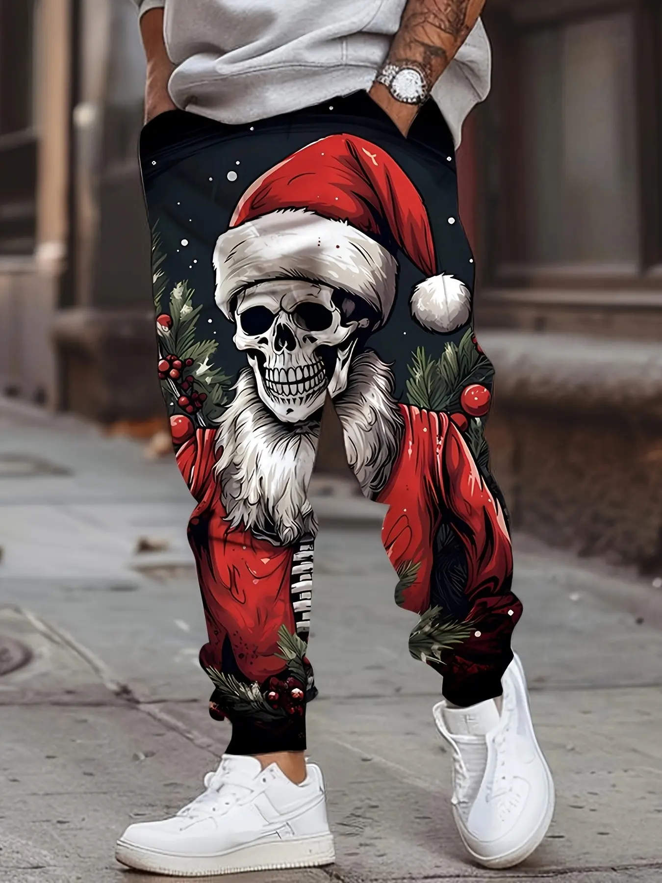 Men's Skull Santa Claus Full Print Sweatpants, Christmas Festival Trendy Drawstring Casual Long Pants, Dark Base Ankle Length Fitted