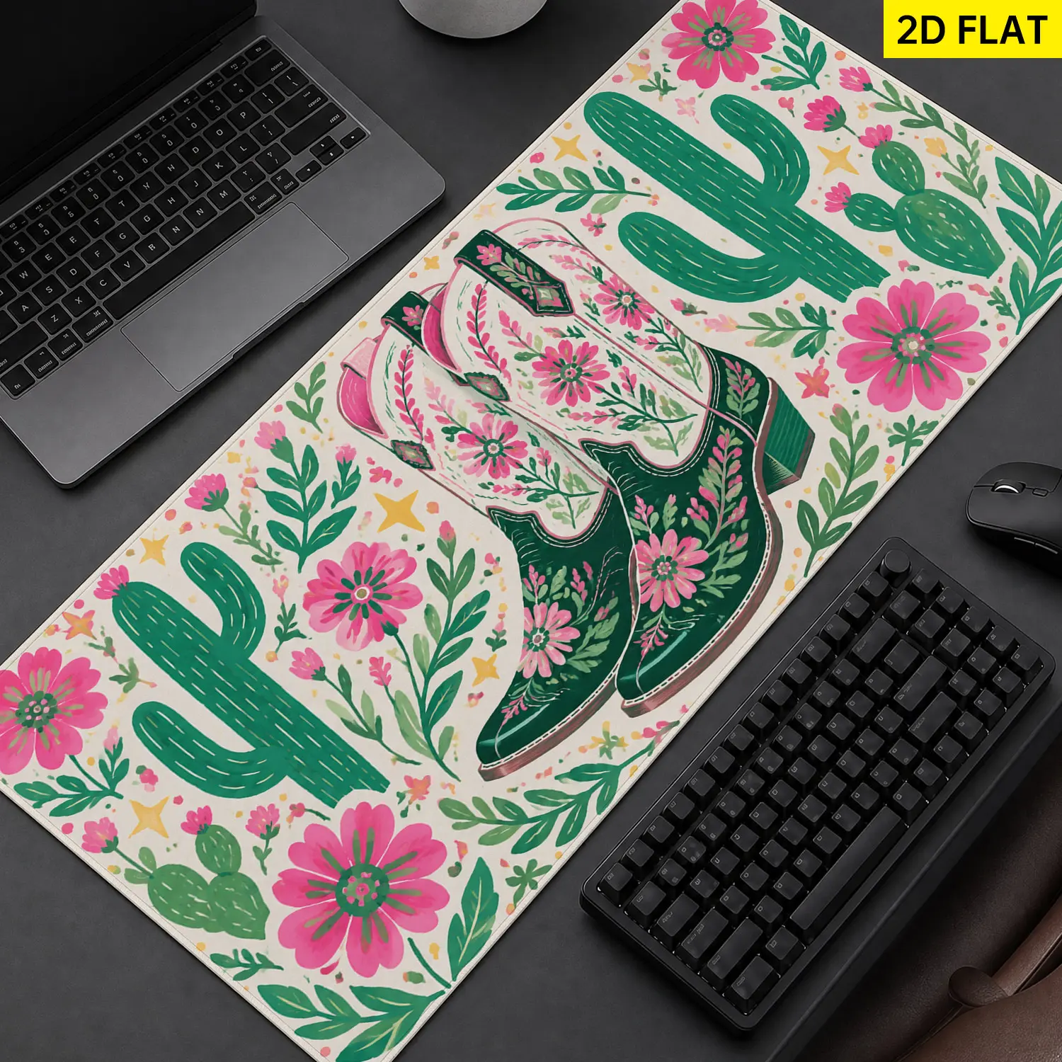 Extra Large western cowboy boots and cactus floral Mouse Pad,Non Slip Rubber Pad,Desktop Decoration Drotection Pad,Washable,Lock Edge Multi Size,Premium Multipurpose Mousepad For Home,Office,Gift for Family and Friends