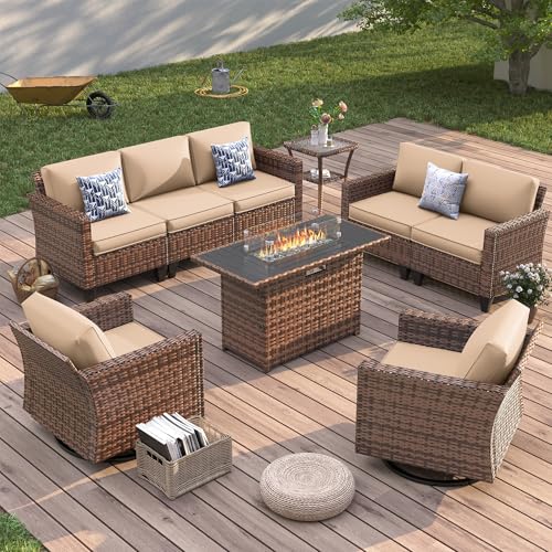 【3/4 packages delivery】UDPATIO Modern Outdoor Wicker Sofa Set, fire pittable Rattan Wicker Outdoor Sectional Set with Rocking Swivel Chairs, PE Rattan Outdoor Sofa Set with Storage Table and Waterproof Covers for Backyard, Deck, Porch SpringGardening