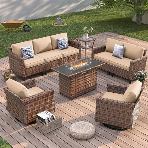 UDPATIO Modern Outdoor Wicker Sofa Set, fire pittable Rattan Wicker Outdoor Sectional Set with Rocking Swivel Chairs, Wicker Rattan Outdoor Sofa Set with Storage Table and Waterproof Covers for Backyard, Deck, Porch