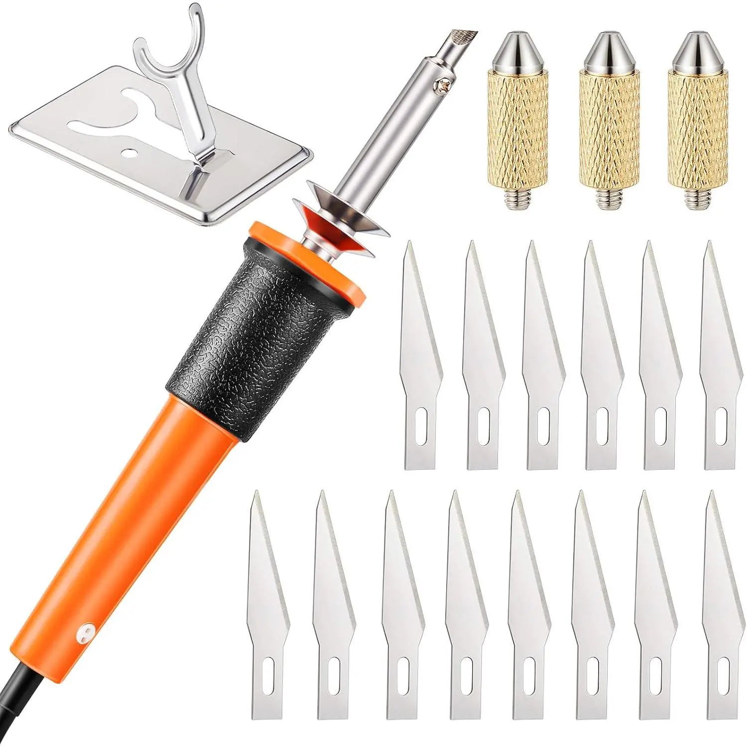 19 Pieces Electric Hot Knife Cutter Tool, Multipurpose Hot Knife Stencil Cutter with Metal Stand, 14 Blades, 3 Chuck Sleeves for Cutting Carving(Orange)